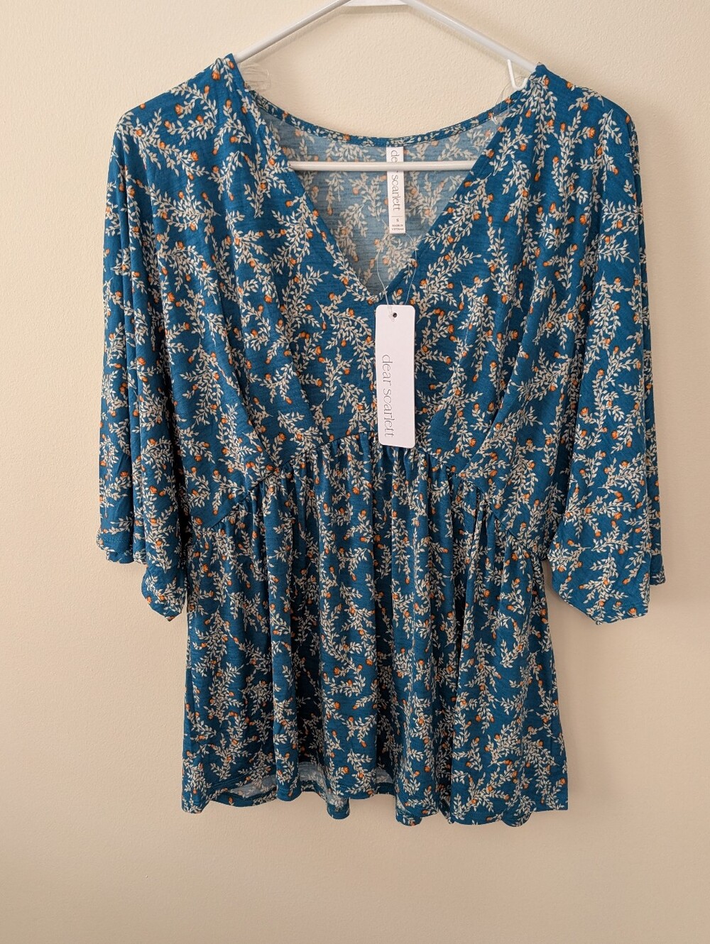 Dear Scarlett Dreamer Painted Teal V-Neck Flutter Sleeve Empire Waist Blouse M